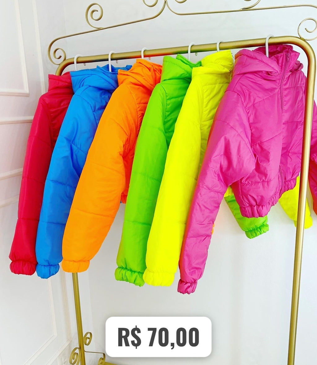 Jaqueta Feminina Puffer Neon de Frio Manga Longa
